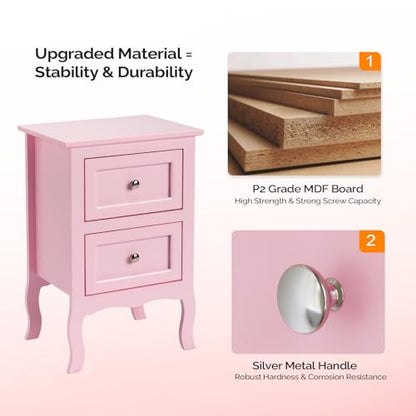 Bonnlo Nightstand Set of 2, Nightstands with 2 Drawers, Bed Side Table/Night Stand, Pink Nightstand, Small Nightstand for Bedroom, College Dorm, Kids’ Room, Living Room, Wood, 16W x 12D x 24H - color: Pink