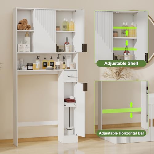 GOODONE White Over The Toilet Storage Cabinet - with 3 Doors and Toilet Paper Holder Stand, FreeStanding, for Bathroom, Restroom, Laundry - color: White