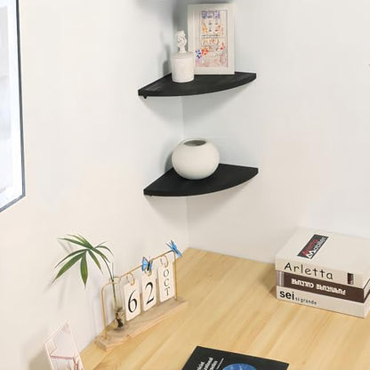 JORIKCHUO 10 inch Corner Shelf, Set of 2 Solid Wood Corner Floating Shelves for Wall, Round End Wall Mounted Floating Shelf for Bedroom, Living Room and Kitchen (Black-10 inch)