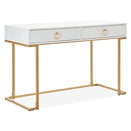 BELLEZE Vanity Desk with 2 Drawers, 45 Inch Computer Desk Mordern Vanity Makeup Dressing Table Home Office Desk Laptop Study Writing Table with Gold Metal Frame, White - color: White, size: 45" L Shape