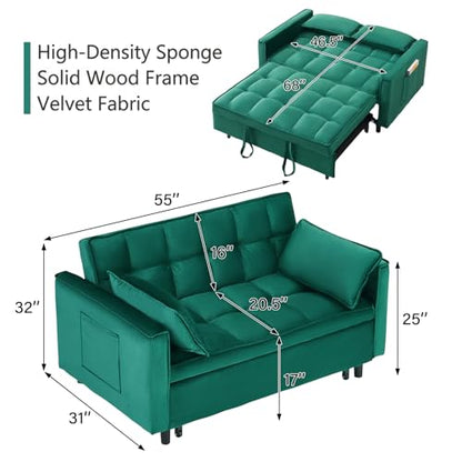 3 in 1 Convertible Sleeper Sofa Bed, Velvet Loveseat Futon Pull-Out Couch with Adjustable Reclining Backrest, Side Pockets and Pillows for Living Room, Bedroom, Apartment, Small Spaces (Green-Velvet) - color: Green-velvet