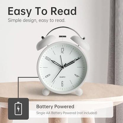 Twin Bell Loud Alarm Analog Alarm Clock, 4 inch Super Silent Non Ticking Small Clock with Night Light, Battery Operated, Simple Design, Old Fashioned, for Heavy Sleeper, Bedroom, Bedside, Desk, White - color: White+twin Bell