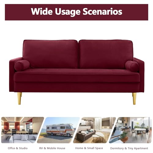 65" Love Seat Sofa, Velvet Small Sofa Small Couch for Bedroom Living Room, Bedroom, Loveseat with 2 Pillows, Gold Legs, Modern Tufted Seat Upholstered Seating for Office, Apartment (Red) - color: Red