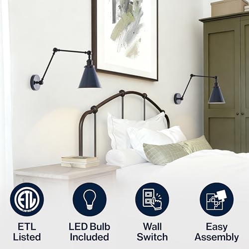 JONATHAN Y Rover 1-Light Wall Sconce 7", Navy/Black, Set of 2 | Adjustable Arm, Hardwired Bedside Reading Swing Arm, Farmhouse Cone Shade, Metal Hardwired Indoor Fixture, LED Bulbs Included - color: Navy/Black, size: Set of 2