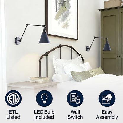 JONATHAN Y Rover 1-Light Wall Sconce 7", Navy/Black, Set of 2 | Adjustable Arm, Hardwired Bedside Reading Swing Arm, Farmhouse Cone Shade, Metal Hardwired Indoor Fixture, LED Bulbs Included - color: Navy/Black, size: Set of 2