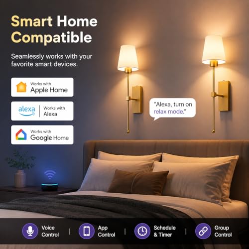 Battery Operated Wall Sconces Set of 2, Matter Smart Wall Lights | Requires Matter Hub, 66H Rechargeable, RGB Dimmable, Works with Alexa Apple & Google Home, No Wiring