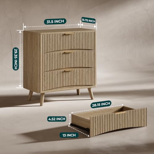 Evermagin 31.5" W Oversized Large Fluted Nightstands Set of 2 | 3 Drawers Light Wood Night Stand Bedside Table, Mid Century Modern Small Dresser for Bedroom, livingroom, Natural Oak - color: Oak, size: 15.78"D x 31.5"W x 29.35"H (3 Drawers)