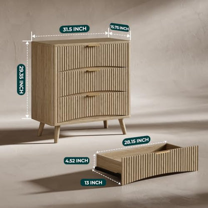 Evermagin 31.5" W Oversized Large Fluted Nightstands Set of 2 | 3 Drawers Light Wood Night Stand Bedside Table, Mid Century Modern Small Dresser for Bedroom, livingroom, Natural Oak - color: Oak, size: 15.78"D x 31.5"W x 29.35"H (3 Drawers)