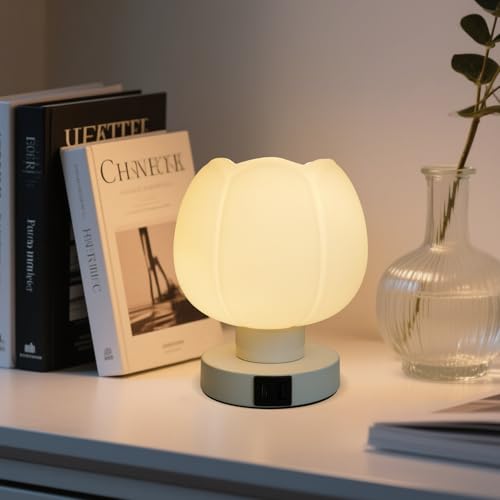 Touch Bedside Lamp wtih USB C+A Charging Ports,Tulip Flower Lamp | 3-Way Dimmable Lamp,Nightstand Lamp with Soft Light, Aesthetic Lamp with Wide Application