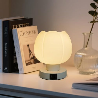 Touch Bedside Lamp wtih USB C+A Charging Ports,Tulip Flower Lamp | 3-Way Dimmable Lamp,Nightstand Lamp with Soft Light, Aesthetic Lamp with Wide Application