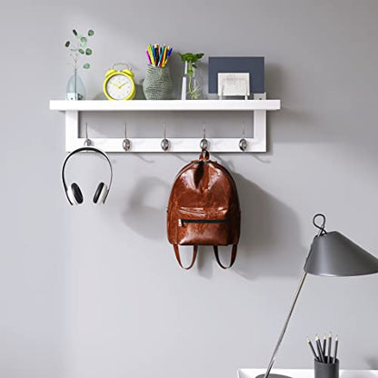 SMIBUY Coat Hooks with Shelf Wall-Mounted, 29.2 Inch Entryway Coat Rack for Wall, Bamboo Hanging Shelf with 5 Double Metal Hooks for Bathroom, Bedroom, Kitchen, Living Room, Mudroom (White) - color: White