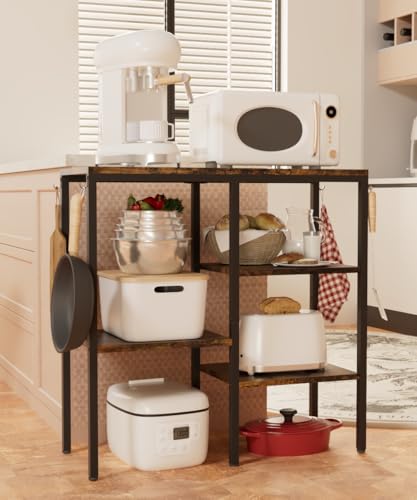 4-Tier Kitchen Microwave Oven Stand, Adjustable Coffee Bar Station for Small Appliance, Baker's Rack with 4 Hooks & 7 Storage Shelves for Kitchen, Living Room, Black - color: Black