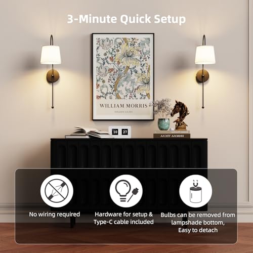 Battery Operated Wall Sconces Set of Two,Rechargeable Wireless Wall Lights | Battery Wall Sconce for Living Room Bedroom,2 Battery Powered Wall Lamp with Magnetic Dimmable RGB Bulbs & Remote - Black - color: Black