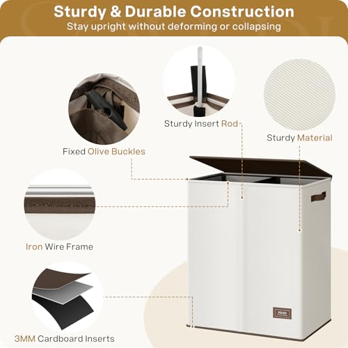 SOLEDI Luxury Double Laundry Hamper with Lid and Removable Bags, 38.3 Gal Large Laundry Bin, Laundry Basket 2 Sections, Collapsible Clothes Hamper for Bedroom, Laundry Room, Bathroom, Off-white - color: Off White, size: 145l
