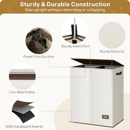 SOLEDI Luxury Double Laundry Hamper with Lid and Removable Bags, 38.3 Gal Large Laundry Bin, Laundry Basket 2 Sections, Collapsible Clothes Hamper for Bedroom, Laundry Room, Bathroom, Off-white - color: Off White, size: 145l