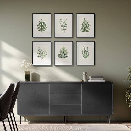 Framed Modern Green Tropical Fern Botanical Wall Art, 6 Piece 11x14 In | Leaf painting, Plant leaves wall decor, Plexiglass with mat prints, Ready to hang artwork, Living room bedroom pictures - color: Green Ferns - Black Framed, size: 11" W x 14" H x 6Pc