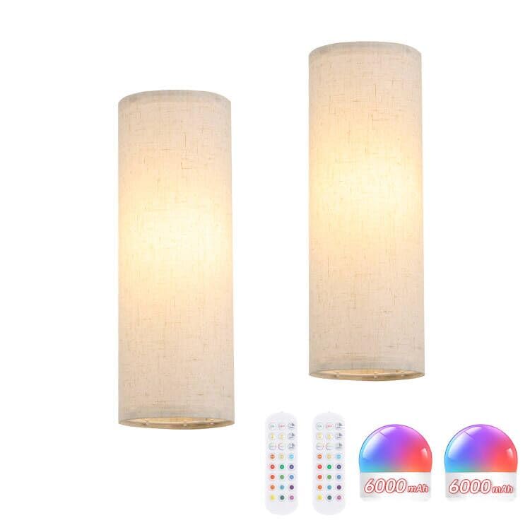 Shenmoyl Adhesive Battery Operated Wall Sconce Set of 2, 6000 mAh Battery Rechargeable Bulb with 12 RGB Colors, Stick on Wall Sconce No Drill Wall Lights, Linen - color: Semicylinder