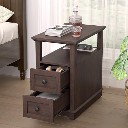 HIFYOBRO Narrow End Table with Flip Top Charging Station Set of 2, Side Table with 2 Drawers, Type-C & USB Port & Power outlets, Wooden Storage Cabinet for Living Room and Bedroom - color: Cherry, size: 1 Set