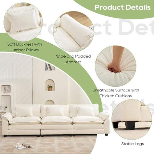 120" Modular Sectional Sofa, Comfy 3 Seater Deep Cloud Couch | Couches for Living Room, Modular Couch, Deep and Wide Seat, Chenille Sofa Sleeper with Throw Pillows, Beige White - color: Beige White, size: 120 Inch