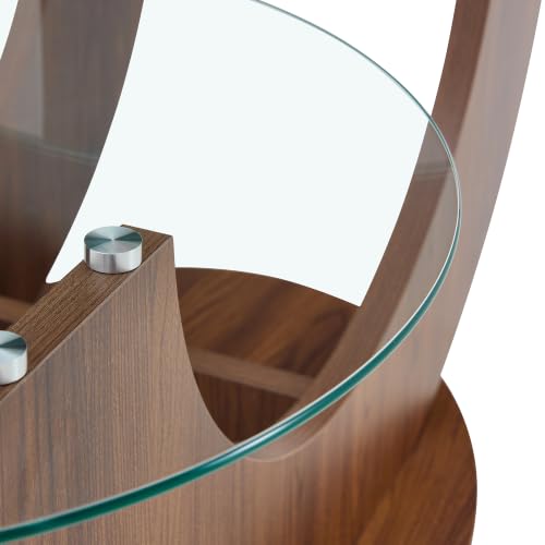 Modern Glass Coffee Table, 31.8" U-Shaped Wood Base Side Table with Tempered Glass Top, 2-Tier Round Accent Table with Walnut Finish for Living Room, Bedroom, Office - color: Walnut, size: 31.8" U-Shaped