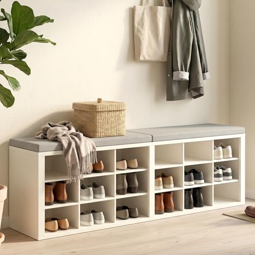 Shoe Rack Bench, Shoe Storage Bench with Cushion, Shoe Organizer 18 Cubbies for Entryway Hallway Bedroom Living Room, Holds Up to 400lbs - color: White & Gray, size: 18 Cubbies