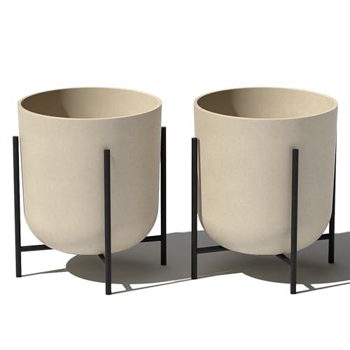 Veradek Mason Series Raised Lima Planter - Round Planter with Stand | Made From a Durable Plastic-Stone Composite & Comes With Metal Stand. Modern Porch/Patio Décor - color: Sand, size: 15 inch - 2 Pack