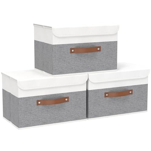 Yawinhe Storage Bins with Lids,White/Grey,17.7x11.8x11.8in,3-Pack | Fabric Container with Leather Handle,Washable Home Basket, Clothes Blanket Storage Boxes,Collapsible Closet Organizer - color: White/Grey, size: XL/(3 Pack)