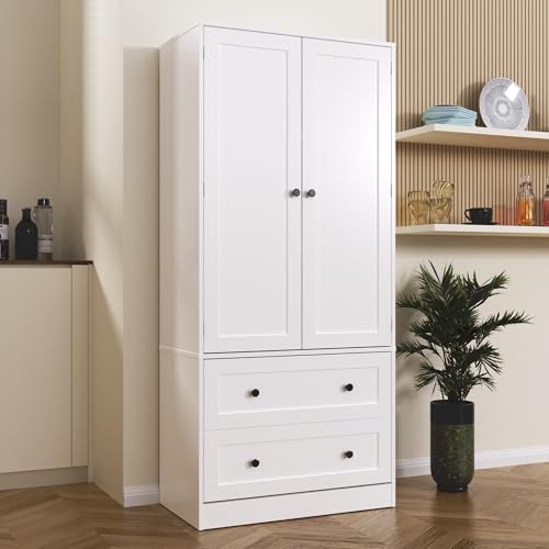 DIYART 64.2" Tall White Kitchen Pantry, Storage Cabinet with Doors and Drawers, Freestanding Wooden Organizer for Kitchen, Dining Room - color: White