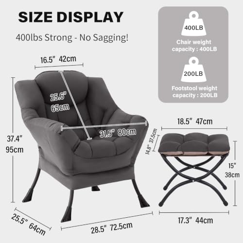 Lazy Chair with Ottoman, Comfy Reading Accent Chair, Dark Grey | Foldable Footrest, Padded Seat and Backrest, Side Pocket for Lounging in Living Rooms, Bedrooms, Dorms and Small Spaces - color: Dark Grey
