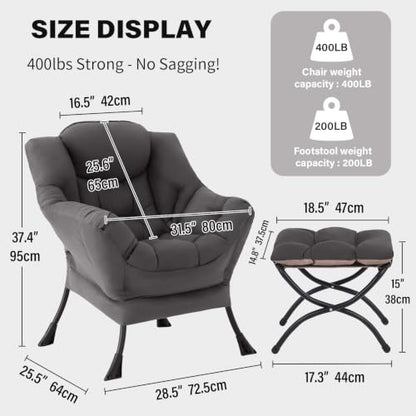 Lazy Chair with Ottoman, Comfy Reading Accent Chair, Dark Grey | Foldable Footrest, Padded Seat and Backrest, Side Pocket for Lounging in Living Rooms, Bedrooms, Dorms and Small Spaces - color: Dark Grey