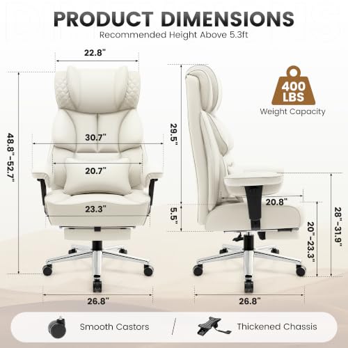 BestGlory Office Desk Chair, Big and Tall Leather Gaming Chair with Footrest, Ergonomic Comfy Executive High-Back Reclining Computer Chairs, Wide Swivel Rolling Wheels and Padded Lumbar Support, White - color: White, style: 3 Position Reclining