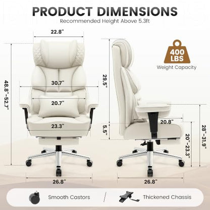 BestGlory Office Desk Chair, Big and Tall Leather Gaming Chair with Footrest, Ergonomic Comfy Executive High-Back Reclining Computer Chairs, Wide Swivel Rolling Wheels and Padded Lumbar Support, White - color: White, style: 3 Position Reclining