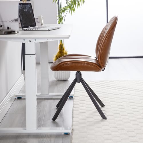 PU Leather Swivel Office Chair No Wheels, Small Comfy Mid Century Armless Desk Chair, Cute Swivel Vanity Chairs No Wheels for Small Spaces, Bedroom,Living Room,Home Office, Brown - color: Brown-pu