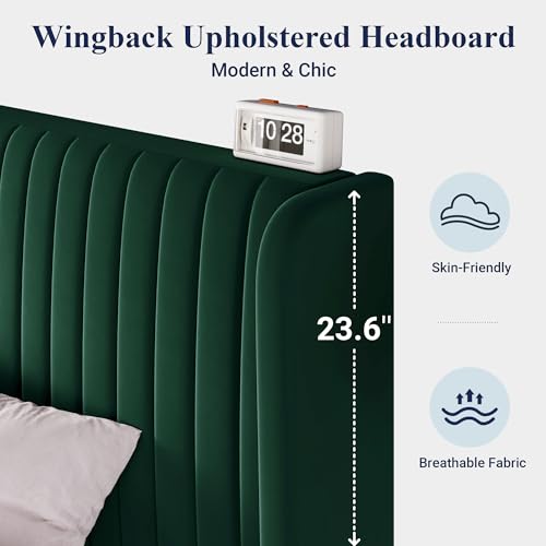 Allewie King Size Bed Frame/Velvet Upholstered Platform Bed/Vertical Channel Tufted Wingback Headboard/Strong Wooden Slats/No Box Spring Needed/Easy Assembly/Green - color: Green, size: King