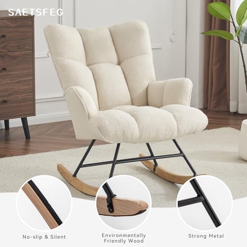 Rocking Chair Nursery Teddy Upholstered Glider Rocker Rocking Accent Chair Padded Seat with High Backrest Armchair Comfy Side Chair for Living Room Bedroom Offices (Ivory Teddy) - color: Ivory