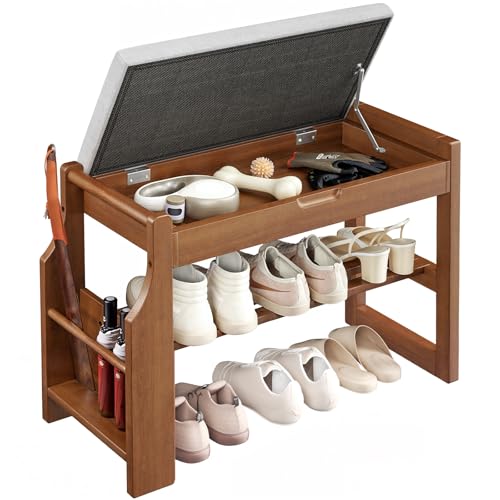 Pipishell 26" Pine Wood Shoe Bench Entryway with Soft Cushion and Storage | Lift-top storage, side holder, 440 lbs weight capacity, sturdy and durable, EPA & CARB-certified, holds 6 pairs, for entryway - size: 25.8 Inch