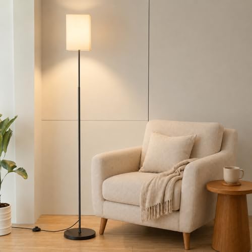 63.8" Square Floor Lamp with White Fabric Shade | Dimmable with Remote and Foot Switch, 3 Color Temperatures, 9W LED Bulb Included, Ideal for Living Room, Bedroom or Office - color: White