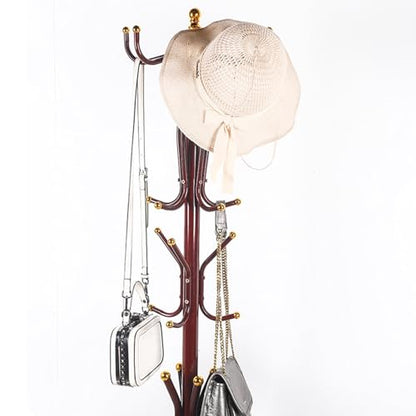 Coat Rack Freestanding, Simple Installation Entryway Organizer Coat Tree with Umbrella Holder, Purse Rack Hat Rack Stand for Living Room Bedroom Office Wine Red