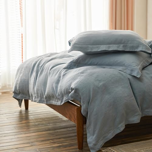 Simple&Opulence 100% Linen Duvet Cover Set with Crossed Embroidery Washed - 3 Pieces (1 Duvet Cover with 2 Pillow Shams) Soft Breathable Farmhouse - Dusty Blue, Queen Size - color: Crossed-dusty Blue, size: Queen
