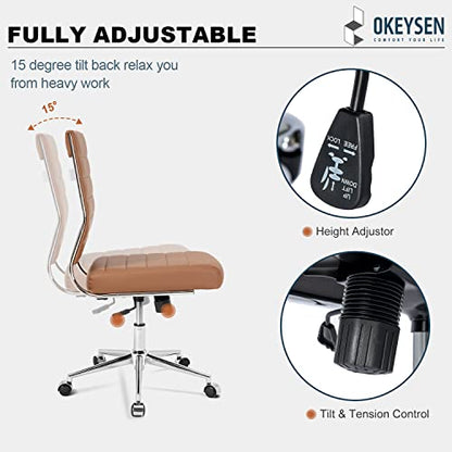 Okeysen Brown Armless Office Desk Chair, Mid Back Ergonomic Swivel Conference Room Chairs, Adjustable Height PU Leather Home Desk Chair, Modern Small Rolling Computer Task Chair - color: Brown