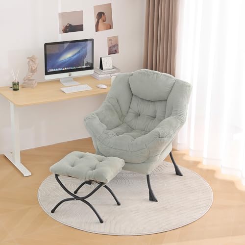 Lazy Chair with Ottoman, Comfy Reading Accent Chair, Plush Green | Foldable Footrest, Padded Seat and Backrest, Side Pocket for Lounging in Living Rooms, Bedrooms, Dorms and Small Spaces - color: Plush-green