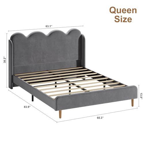 Garvee Queen Size Upholstered Platform Bed Frame, Scalloped Wave Tall Headboard, Chenille Wingback Design, Wood Slat Support, No Box Spring Needed, Easy Assembly, Gray | Wave Tall Headboard, Wood Slat Support, No Box Spring Needed, Easy Assembly - color: