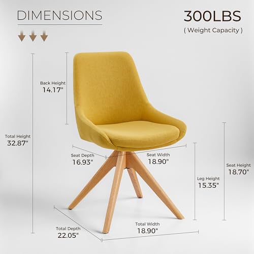 Swivel Desk Chair for Home Office, Oak Wood, Fabric, Yellow | No Wheels Design, Solid Wood Legs, Mid Century Modern, Upholstered, 360° Swivel, Low Armrests, Living Room, Bedroom - color: Yellow