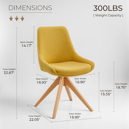 Swivel Desk Chair for Home Office, Oak Wood, Fabric, Yellow | No Wheels Design, Solid Wood Legs, Mid Century Modern, Upholstered, 360° Swivel, Low Armrests, Living Room, Bedroom - color: Yellow