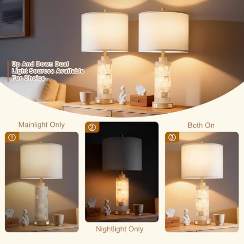 KIVDITZO 27" Alabaster and Wood Table Lamps Set of 2 with Night Light | Nightstand Lamps with USB Ports, White Linen Fabric Shade, Bedside Lamp for Living Room Bedroom Home Office Hotel Bar House - color: Cream White