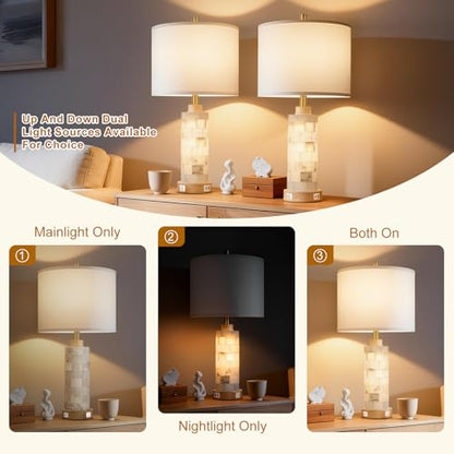 KIVDITZO 27" Alabaster and Wood Table Lamps Set of 2 with Night Light | Nightstand Lamps with USB Ports, White Linen Fabric Shade, Bedside Lamp for Living Room Bedroom Home Office Hotel Bar House - color: Cream White