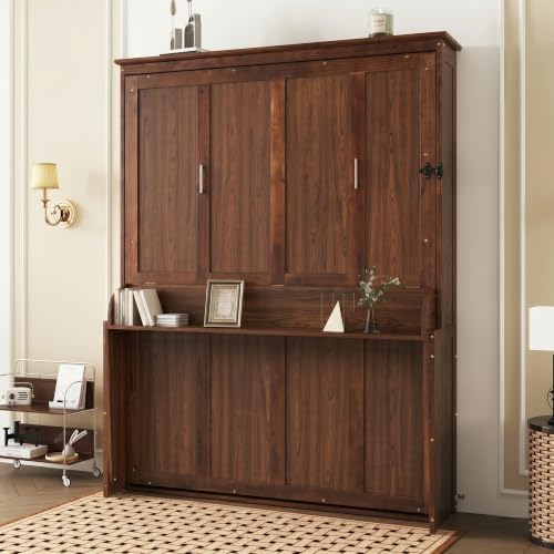 SOFTSEA Queen Size Murphy Wall Bed Frame with Desk, Walnut | Space-Saving Hidden Wall Bed with Desk, Gas Struts, Vertical Murphy Bed Cabinet for Guest Room Home Office - color: Walnut