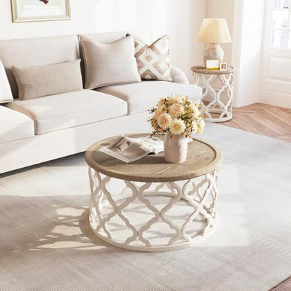 karlott Farmhouse Coffee Table, French Country Tray Round Coffee Table | Solid Wood Veneer Tabletop, Curved Motif Frame Base, Coastal Boho Center Table, Small Rustic Coffee Tables for Living Room - size: Tray Coffee Table 30 Inches