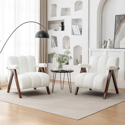 Mid Century Modern Accent Chairs Set of 2 with Solid Wood Frame, Boucle Upholstered Living Room Chairs with Thick Cushion, Comfy Tufted Arm Chair for Bedroom, Ivory - color: Ivory, size: 1-seater, 2-piece set