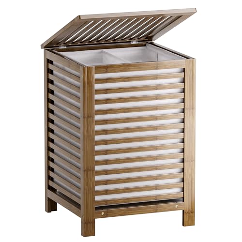 SMIBUY Double Laundry Hamper with Lid, 120L Bamboo Laundry Basket with Removable Liner Bag, 2-Section Clothes Divider Laundry Sorter for Laundry Room, Bathroom, Bedroom (Walnut) - color: Walnut